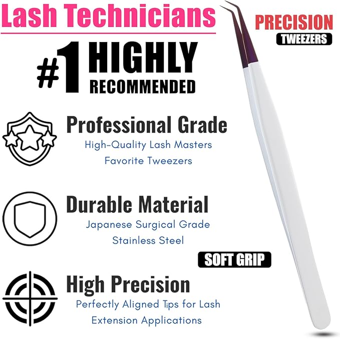 Isolation Tweezers for Eyelash Extension – 14cm Curved, White & Purple, Stainless Steel, Best for Individual Isolation & Classic Lashes, Pinzas para Pestaña (Matte White Purple)