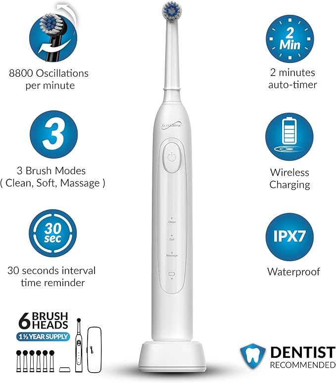 Supersonic TB-1000 Sonic Zoom+ Advanced Rotating Electric Toothbrush | 8,800 OPM | Wireless Charging | 3 Cleaning Modes | 6 Brush Heads | Auto Timer | Travel Case | Black (White)