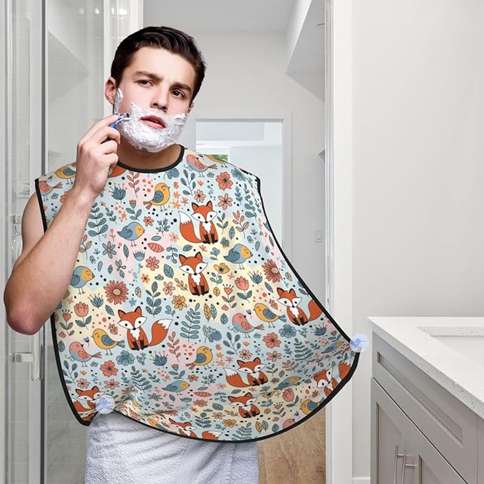 Waterproof Beard Trimming Bib, Non-Stick Hair Catcher for Men Shaving, Grooming Apron for Husband Dad, Floral Flowers Foxes Shave Bib