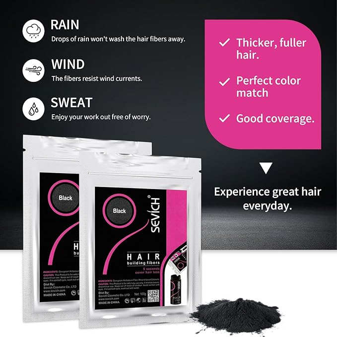 SEVICH Hair Building Fibers 100g - Instant Hair Thickening Powder for Thinning Hair, Natural Keratin Fibers for Men & Women, 5-Second Coverage, Unscented, Dark Brown