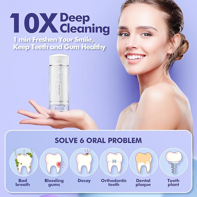 Bezvoi Water Flosser Mini Cordless Portable: 5 Modes Travel Water Dental Floss with Telescopic Water Tank, IPX7 Waterproof Oral Irrigator for Teeth Cleaning Gums,Orthodontic,Braces Care (White)