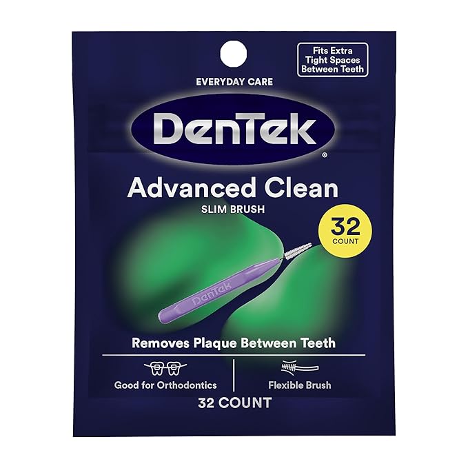 DenTek Slim Brush Advanced Clean, Interdental Brushes for Cleaning Between Tight Teeth, Safe for Braces & Dental Work, 32 Count