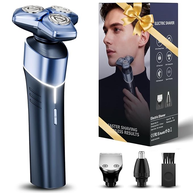 Electric Razor for Men: 3-in-1 Shaver with Hair Clipper and Nose Trimmer - 3D Floating Heads, USB-C Charging, IPX8 Waterproof - for Face, Beard, Body and Travel