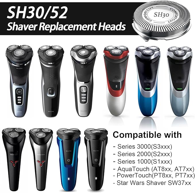 SH30 Shaving Heads for Philips Norelcos Series 1000, 2000, 3000 and 5000X Razors, Shaver Replacement Blades with High Performance - Shave Wet and Dry, 6Packs.