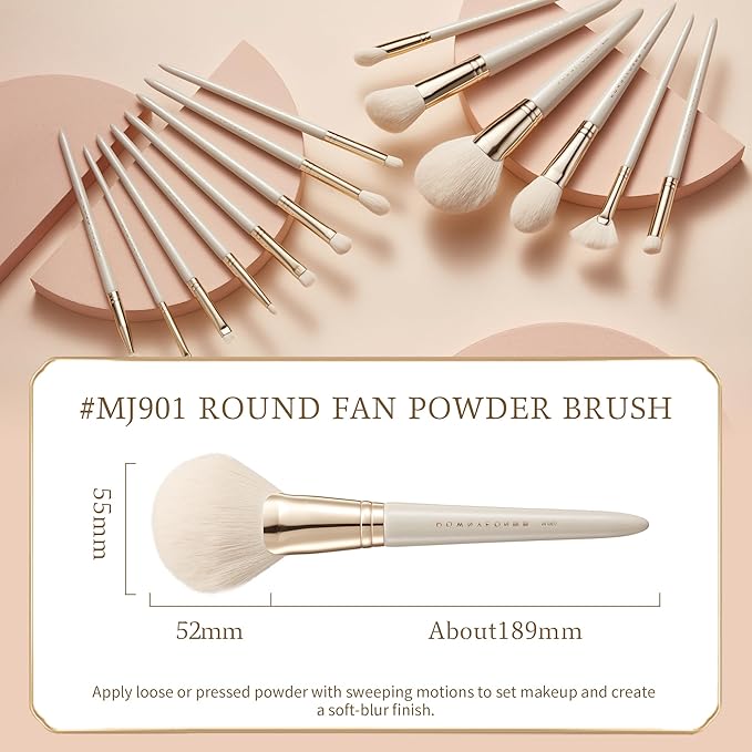 Bisque Series Fan Powder Brush for Setting Makeup Soft Focus Finish Painted Birch Handle with Soft Nylon Bristles MJ901