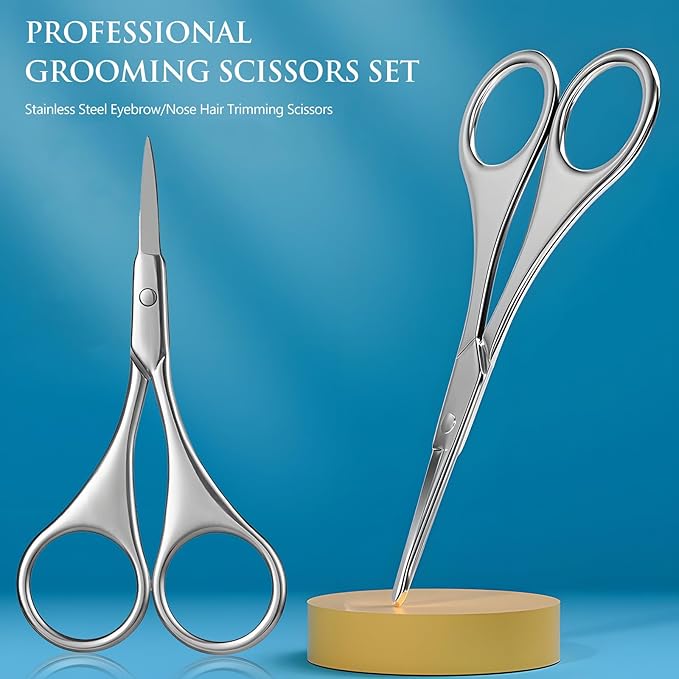 2Pcs Facial Hair Small Grooming Scissors For Men Women - Eyebrow, Nose Hair, Mustache, Beard, Eyelashes, Ear Trimming Kit - Curved and Rounded Safety Tip Clippers For Hair Cutting - Silver