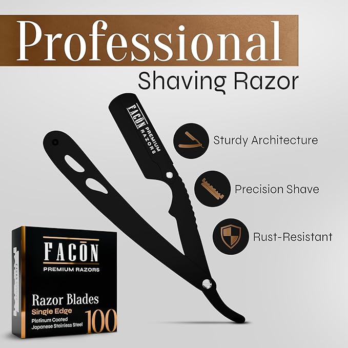 Facón Straight Razors for Men - Professional Barber Straight Edge Razor Kit with 100 Blades, Classic Stainless Steel Barbero Shaver for a Smooth & Precise Shave, Premium Barber Razor for Men's Shaving