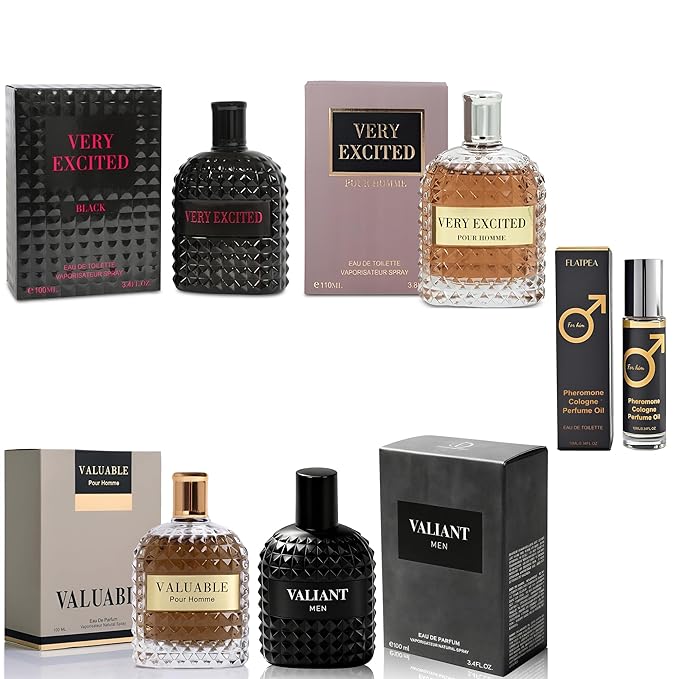 Men's Cologne Gift Set - Variety Pack of 4 Long Lasting Fragrances with 10ml Pheromone Cologne (Valiant Men/Valuable Yellow/Very Excited Yellow/VERY EXCITED)