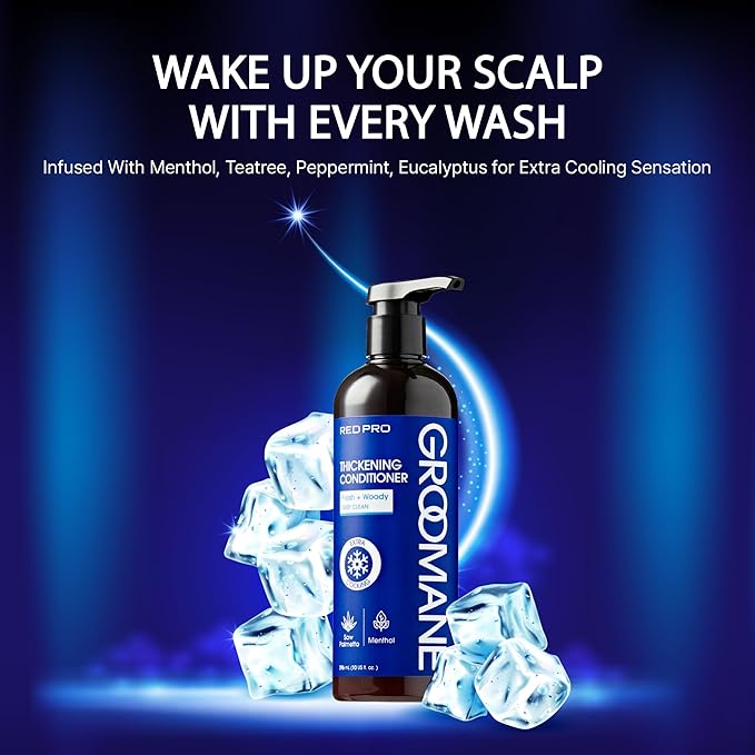 RED Pro GROOMANE Men Hair Conditioner with Biotin & Caffeine, Thickening, Anti-Hair-Loss Care, Moisturizes Scalp, Strengthen, Menthol Cooling, Sulfate- & Paraben-Free, Fuller-Looking Hair