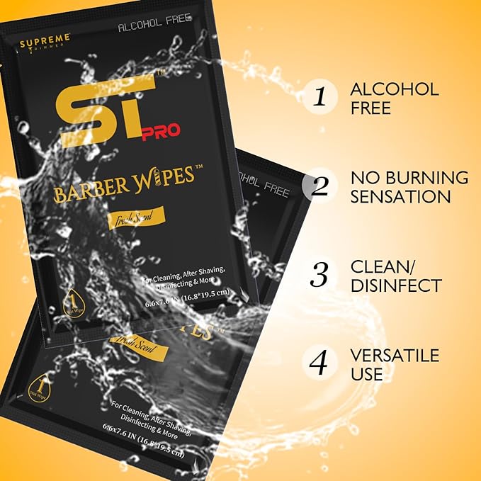 Supreme Trimmer Alcohol-Free After-Shave & Face/Body Wipes - 50 Individually Wrapped Disposable Barber Wipes for Sensitive Skin, Fresh Scent, Travel Friendly