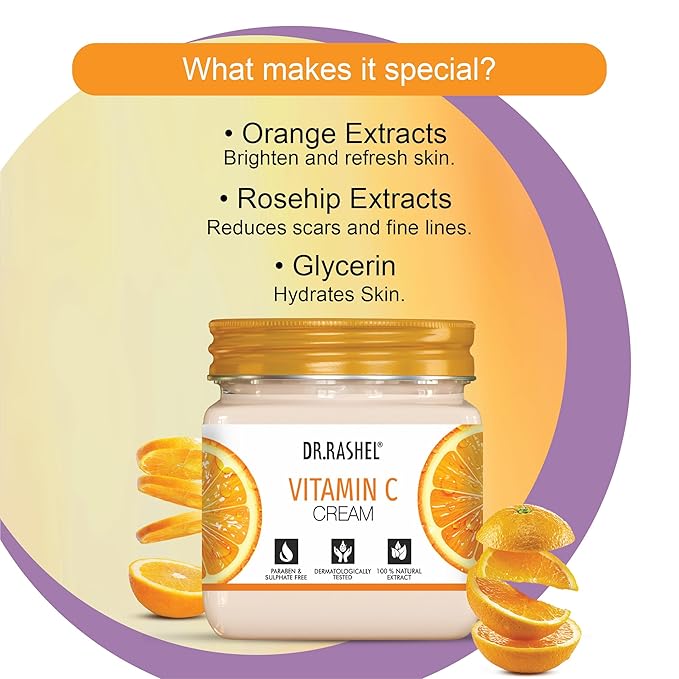 DR.RASHEL Vitamin C Cream For Men & Women With Goodness Of Orange Extract & Glycerin Hydrating & Moisturizing Facial Cream Soothing & Cleansing Facial Cream For All Skin Types - 380 ml / 12.84 Fl Oz