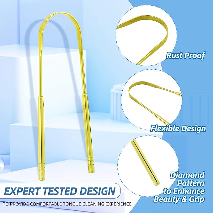 6 Pack Golden U-Shaped Tongue Scrapers - Reusable & Easy to Clean Tongue Scrubber with Travel Case for Adults & Kids - Medical-Grade 100% Stainless Steel Tongue Cleaner for Fresh Breath