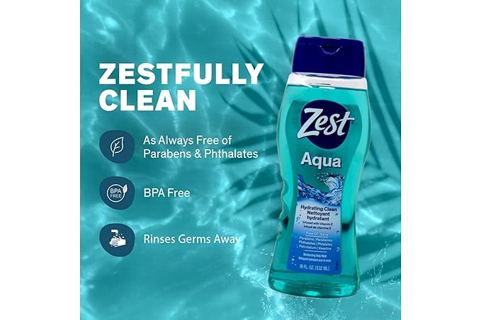 Zest Hydrating Body Wash - Aqua - Moisturizing Body Wash for Men and Women - Bath Soap with Vitamin E - Gentle Paraben Free Formula - 6 pc