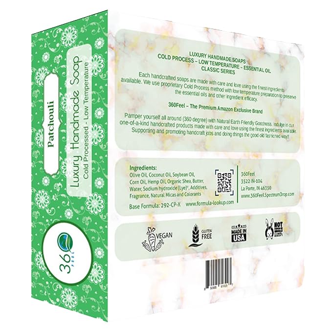 360Feel Patchouli Soap - Made in the USA - Castile Handmade, All Natural, Cold Processed - Infused with Patchouli for Relaxation and Gentle Cleanse - Rich Moisturizing Lather - 5 oz