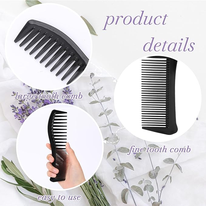 All-Purpose Hair Grooming Set - 2 Pack Double-Sided Barber Combs, 7.2 inch Plastic for Men & Women - Wide & Fine Tooth for Professional Hairstyling (Black)