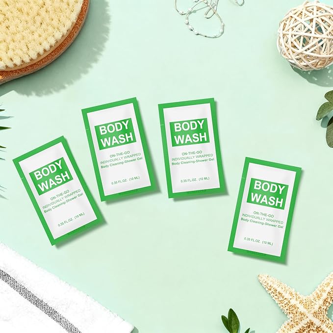 Travel Size Body Wash Packet Bulk Pack of 200,Individually Wrapped 0.35 fl oz(10 ml) Disposable Small Mini Bath Shower Gel Toiletries Supplies for Hotel,Guests,Homeless,Charity,Gym