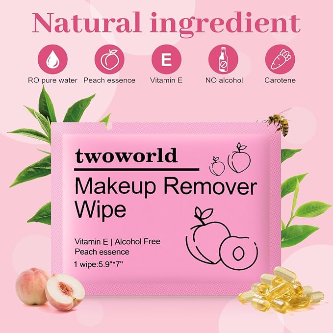 Makeup Remover Wipes Bulk Individually Wrapped,Travel Makeup Wipes Gentle for Face Cleansing Mascara Lipstick Travel Hotel（honey peach,pack of 50)
