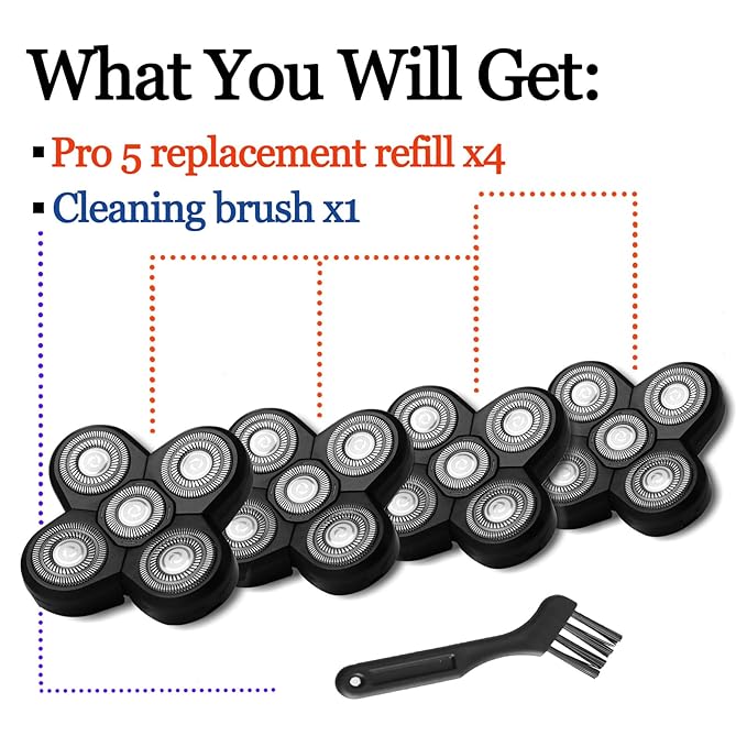 4-Pack Pro 5 Replacement Blade Refills for Freebirds Bald Head Shavers, Shaver Replacement Head for a Close and Smooth Shaving Experience