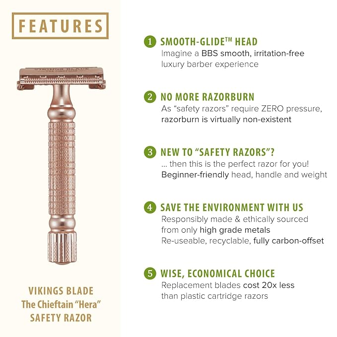 VIKINGS BLADE Double Edge Safety Razor + 5 Swedish Steel Blades + Luxury Case. Smooth, Reusable, Recyclable (Chieftain "Hera")