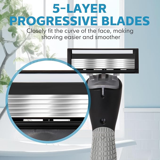37 Pcs Refillable 5 Blade Disposable Razors for Men Sensitive Skin Razor Men's Disposable Refillable Razors Set Shaving Kit, 1 Razor Handle and 36 Cartridges