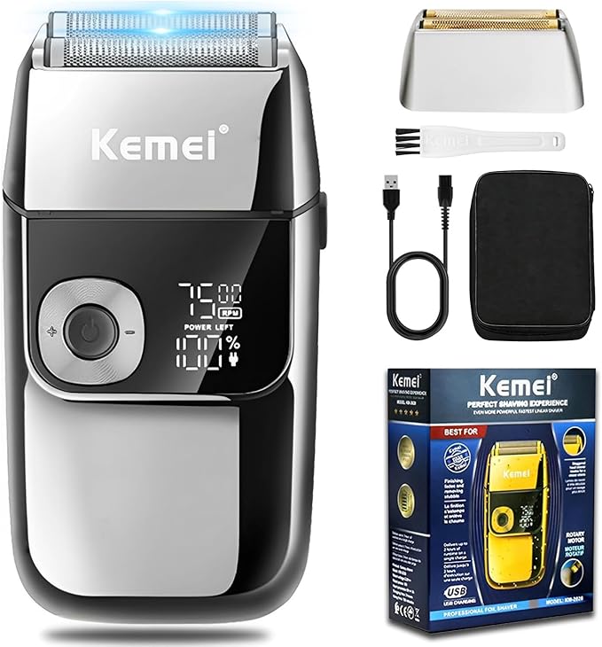 KEMEI Electric Razors for Men, LCD Display Cordless Men's Razors, USB Rechargeable with Pop-up Beard Trimmer Best Worldwide Travel Gift, Model KM 2028, Silver