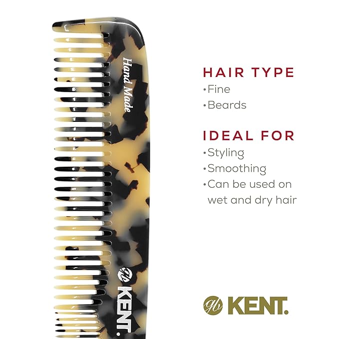 Kent 9T Fine Tooth and Wide Tooth Detangler Comb - Large Handmade Saw-Cut Dressing Comb for Wet Hair and Durable Grooming for Men and Women - Made in England