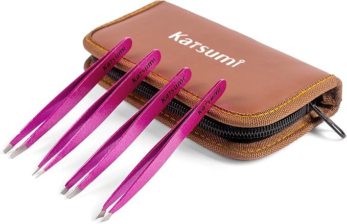 Katsumi Pinnacle 4-Piece Tweezers Set – Precision Stainless Steel Tweezers for Eyebrows, Facial Hair, Ingrown Hair, Splinters – Professional Beauty Kit Pink Gliiter