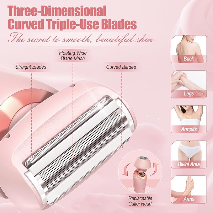 Electric Shaver for Women, 2 in 1 Wet & Dry Silk Glide Pro Shaver with 2 Removable Heads, Rechargeable Electric Trimmer for Bikini, Pubic Hair, Legs, Body, IPX7 Waterproof