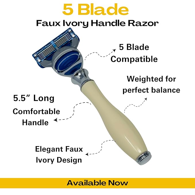 GENTS Fusion Compatible Razor Handle - Faux Ivory with Chrome Tip - 5 Blade Cartridge System - Men’s Shaving Handle