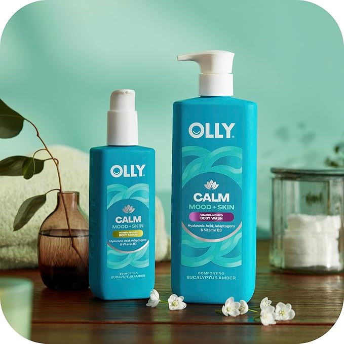 OLLY Calm Body Wash with Hyaluronic Acid, Adaptogens & Vitamin B3– Nourishing Cleanser for Skin Barrier Repair, Deep Hydration, Eucalyptus Amber Scent, 17oz
