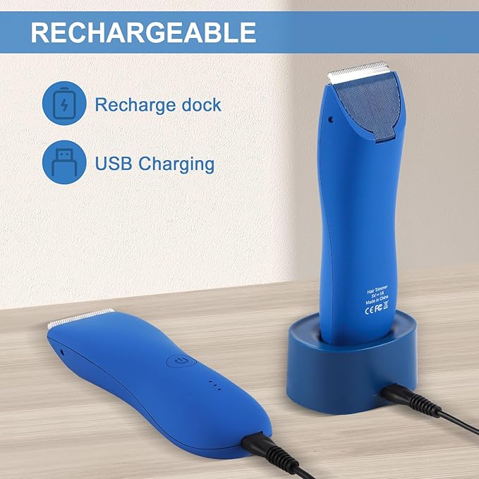 Pubic Hair Trimmer for Men and Women,Electric Shaver for Chest,Legs & Bikini,Waterproof Wet/Dry Shaver,USB Recharge Dock (Blue)