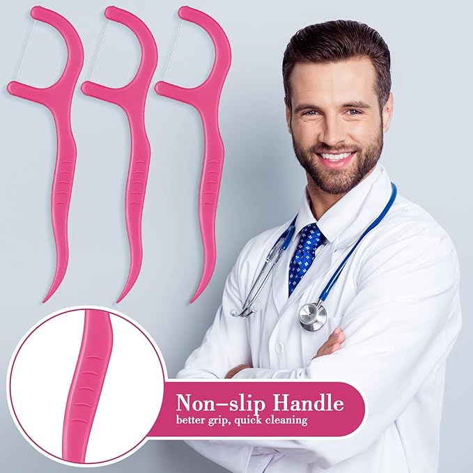 Baderke 200 Count Floss Picks Bulk Non Breakable Tooth Picks Flosser Dental Floss Sticks for Adults Teeth Cleaning Dental Flossers for Family Pack Travel (Hot Pink)