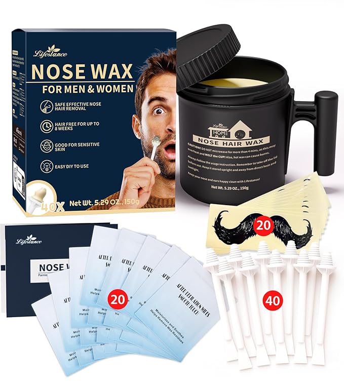 Lifestance Nose Wax Kit Men | 150g | Large Capacity Nose Hair Wax Kit with 40 Applicators, 25-30 Uses | Nose Wax Kit for Women | Nose Hair Waxing Kit for Men with Balm Wipes and Mustache Guards