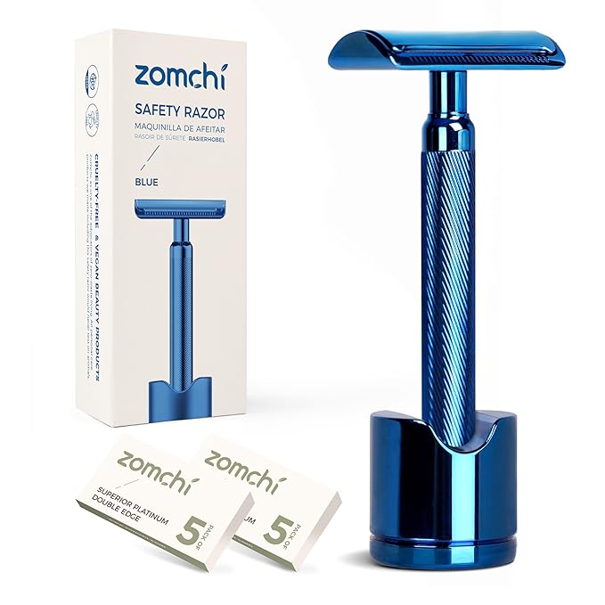 ZOMCHI Double Edge Safety Razor for Men with Stand, [New Version 2.0 ] Reusable Metal Razor with 10 Double Edge Blades, Single Blade Razors for Men & Women – Noble Blue