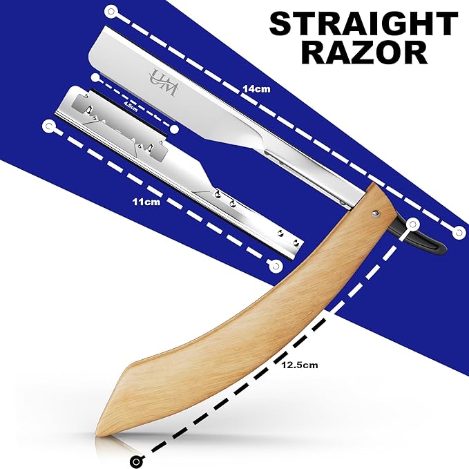 UM Supplies Straight Razors for Men – Professional Barber Straight Edge Razor Kit with 10 Replaceable Insert Single Edge Blades - Navajas Para Barbero (Curved Wooden Handle)