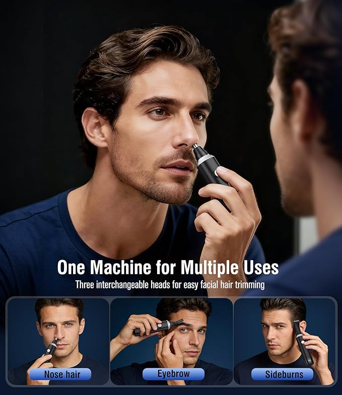 Nose Hair Trimmer for Men, 3-in-1 Professional Painless USB-C Rechargeable Eyebrow & Facial Nose Trimmer for Men Women, LED Display Trimmer with Powerful Motor and Dual-Edge Blades, IPX7 Waterproof