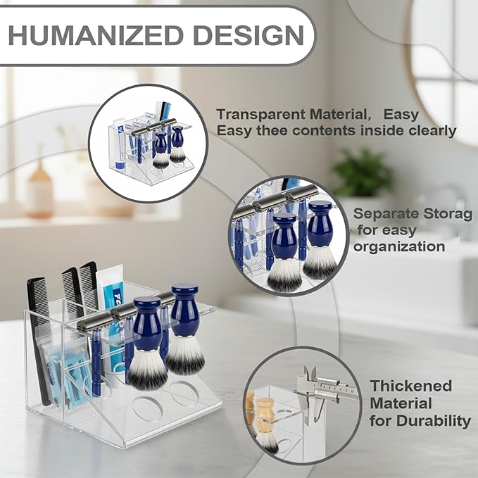 Shaving Brush Stand and Razor Holder, Safety Razor Stand for Men with Smooth Scratch-Resistant Surface - Multi-Function Storage Solution to Prolong Your Brush Life - Fits Most Razors and Brushes