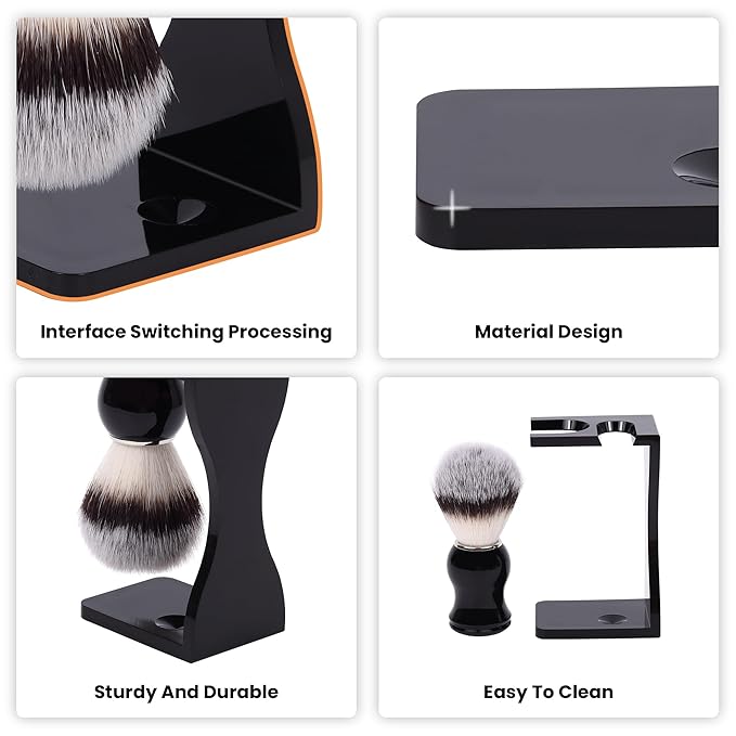 Shaving Stand Holder for Razor and Brush, 2-in-1 Set Includes Premium Black Acrylic Stand & a Synthetic Shaving Brush, All-in-One Bathroom Storage & Drying Organizer - Grooming Gift for Men