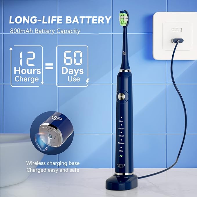 JTF Sonic Electric Toothbrush for Adults: 5 Modes with Smart Timer for Deep Cleaning & Whitening, 2 Brush Head Types for Sensitive Teeth, Gums & Braces, Travel-Friendly Case and Wireless Charging Base