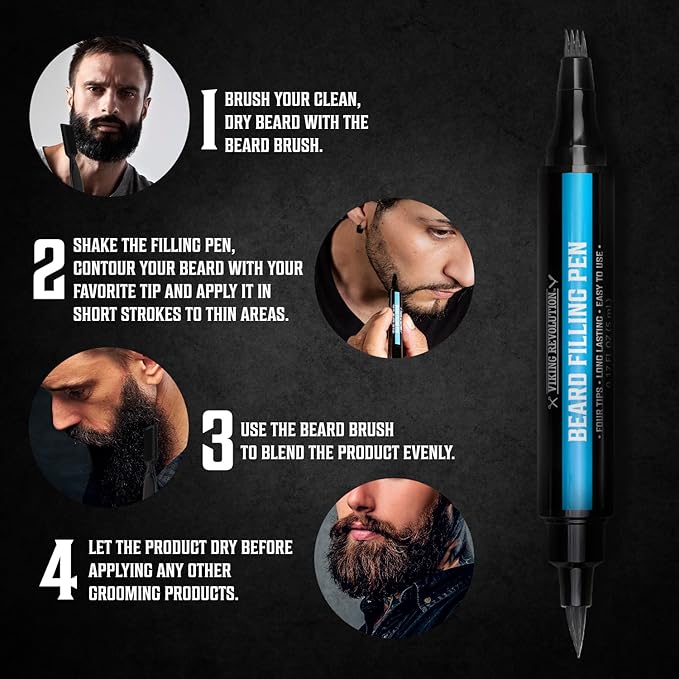 Viking Revolution Beard Pen (2 Pack) - Black Beard Pencil Filler for Men Lapiz para Barba de Hombre - Beard Filler for Men Waterproof Beard Filling Pen Kit - Long Lasting Beard Filler Pen with Brush