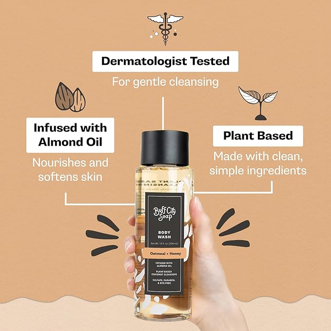 Buff City Soap Plant-Based Body Wash - Coconut Cleansers & Almond Oil Infused, Gentle & Rich Non-Drying Lather, Helps Reduce Moisture Loss & Supports Natural Skin Barrier - Oatmeal & Honey, 12 floz