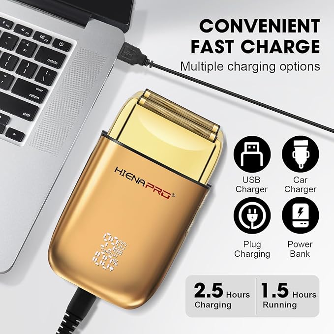 HIENA PRO Foil Shaver for Men Barber, Double Electric Foil Trimmer, Professional Electric Razor, Close Shaver, Cordless Rechargeable with USB, Detachable Design, LED Display, Gold