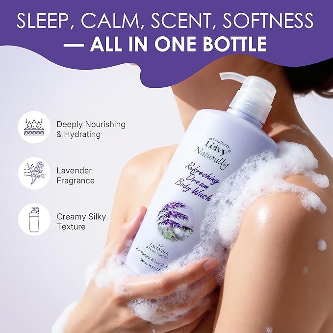 Lěivy Lavender Body Wash Deep Moisturizing, Calming Scent, Skin Cleanser Hydrating Shower Gel, Soothing & Sleep, with Vitamin E & Pearl Powder, 16.9 Fl oz Bottle