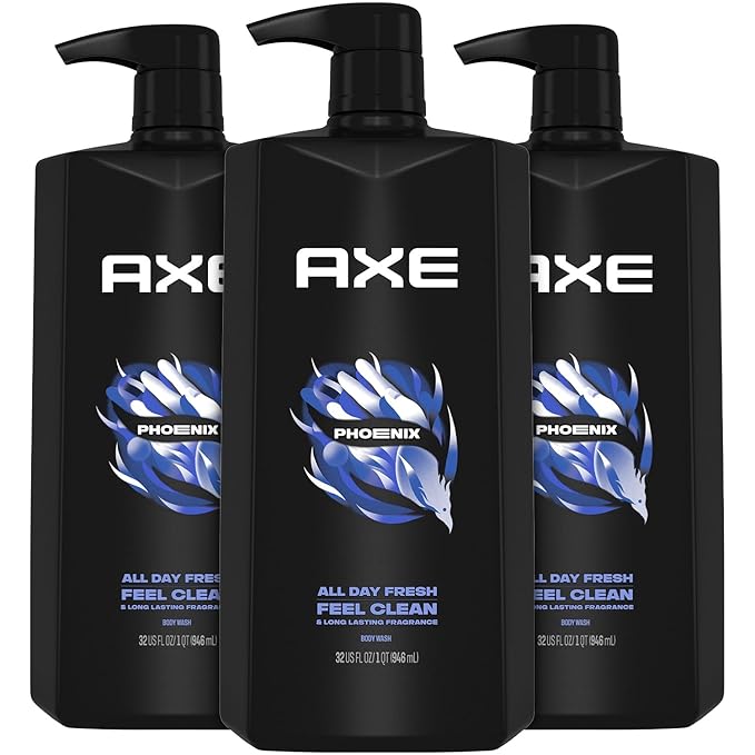 AXE Men's Body Wash & Shower Gel, Phoenix, 3-Pack, 12H Invigorating Crushed Mint & Rosemary Scent, 32 Fl Oz Ea