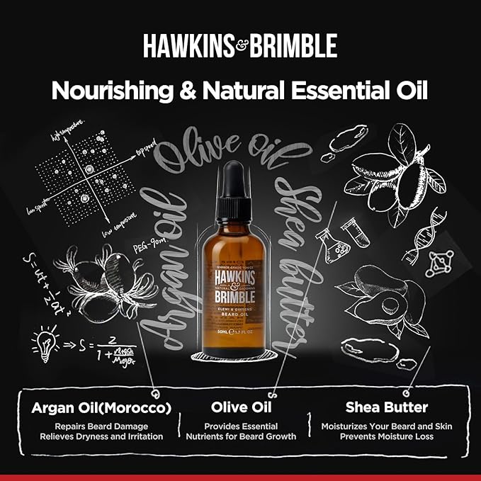 Hawkins & Brimble Beard Oil For Men Growth - Sandalwood Scent with Argan & Castor Oils, Shea Butter | Softens & Moisturizes, Promotes Healthy Beard Growth, 50ml