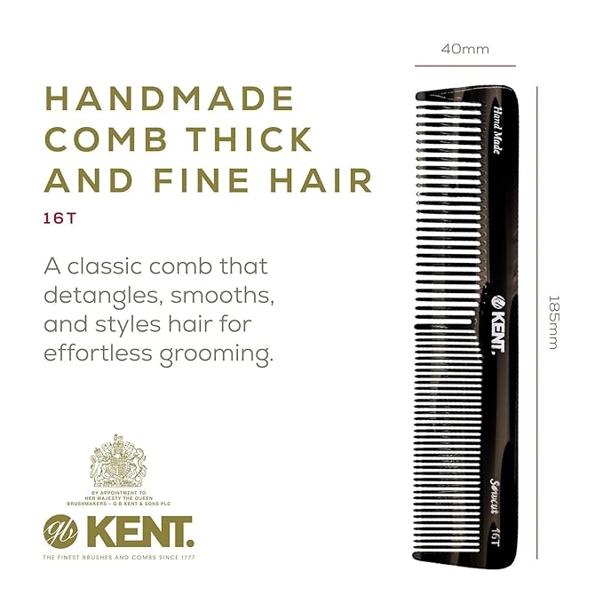 Kent 16T Black Graphite Fine and Wide Tooth for Daily Grooming,Handmade Styling Comb for All Hair Types,Wet or Dry Hair Detangling Comb for Men and Women,Saw Cut Hand Polished,Made in England