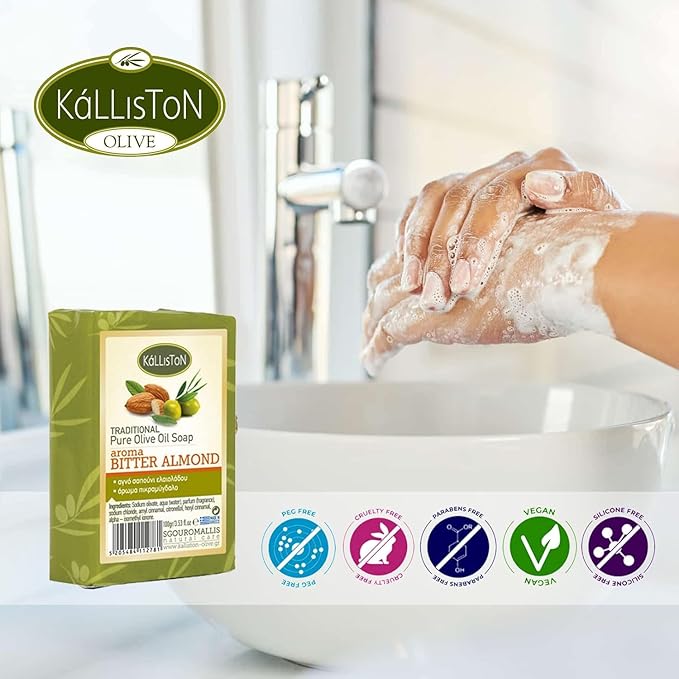 Kalliston, Olive Oil Soap bar with Bitter Almond extract, Includes Pumice stone, all natural soap bar, Product of Greece, Pack of 4