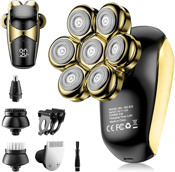 SHPAVVER Head Shavers for Bald Men: 5-in-1 Upgraded Electric Razor - IPX7 Waterproof Shaving Grooming Kit for Balder - Turbo Speed & Precision Blades (Glossy Gold)