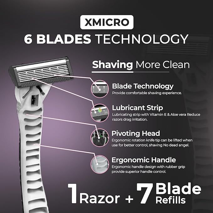 XMicro® Razors for Men, 1 Razor, 7 Blade Refills with German Stainless Steel, Lubricated with Vitamin E, Aloe for Smooth Shave, Shields Against Irritation, Light Weight Version X Men