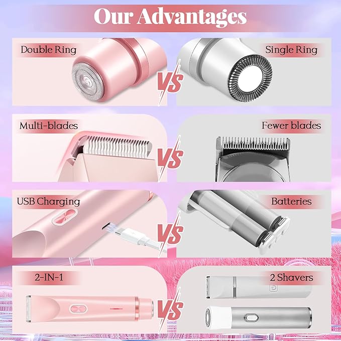 Bikini Trimmer for Women, 2-in-1 Painless Dual Head Shaver Women with Painless Ceramic Blades, Waterproof Electric Razors for Body & Face, Holiday Gift for Her (Pink)